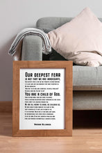 Load image into Gallery viewer, Our Deepest Fear Marianne Williamson Feminist Art Wall Art self respect quote for Bedroom decor or office decor UNFRAMED
