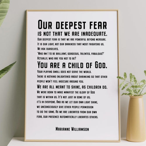 Our Deepest Fear Marianne Williamson Feminist Art Wall Art self respect quote for Bedroom decor or office decor UNFRAMED