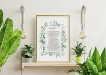 Load image into Gallery viewer, May include: A framed print with a gold frame and a white background. The print features a poem titled 'On Children' by poet John Greenleaf Whittier. The poem is surrounded by a watercolor illustration of green leaves and flowers. The print is displayed on a wooden shelf with two green plants and two light bulbs hanging from the ceiling.
