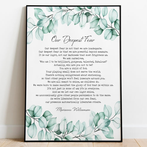 Our Deepest Fear Marianne Williamson Feminist Art Wall Art self respect quote - Physical print without frame