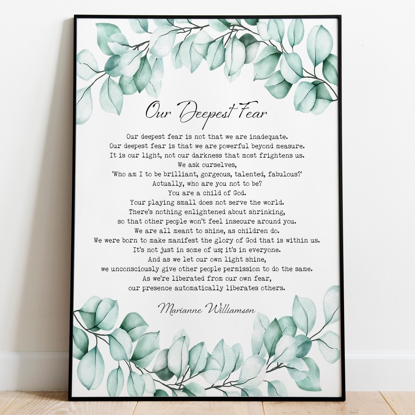 Our Deepest Fear Marianne Williamson Feminist Art Wall Art self respect quote - Physical print without frame
