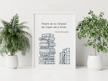 Load image into Gallery viewer, Ernest Hemingway Book Quote Print – Literary Wall Art, Book Lover Gift, Reading Decor, Book Stack Illustration Framed &amp; Unframed Options
