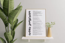 Load image into Gallery viewer, Wear Sunscreen Lyrics Print: Baz Luhrmann Sunscreen Poster
