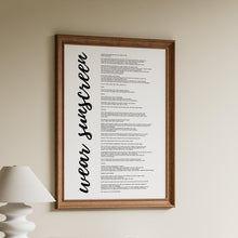 Load image into Gallery viewer, Wear Sunscreen Lyrics Print: Baz Luhrmann Sunscreen Poster
