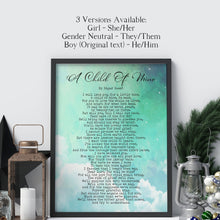 Load image into Gallery viewer, May include: A printable wall art design featuring a poem titled "A Child of Mine" by Edgar Guest. The poem is printed on a light blue background with white clouds and stars. The poem is about the love of a parent for their child.
