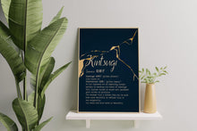 Load image into Gallery viewer, Kintsugi Wall Art Japanese Golden Repair Definition Print – Navy Blue and Gold Kintsukuroi Poster – Wabi Sabi Aesthetic Home Decor
