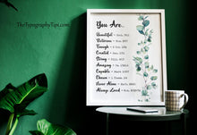 Load image into Gallery viewer, Christian Affirmation Print You Are... Beautiful, Victorious, Enough, Created, Strong, Amazing, Capable, Chosen, Never Alone, Loved
