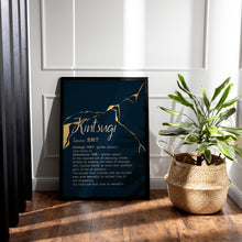 Load image into Gallery viewer, Kintsugi Wall Art Japanese Golden Repair Definition Print – Navy Blue and Gold Kintsukuroi Poster – Wabi Sabi Aesthetic Home Decor
