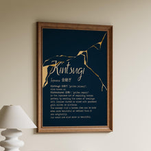 Load image into Gallery viewer, Kintsugi Wall Art Japanese Golden Repair Definition Print – Navy Blue and Gold Kintsukuroi Poster – Wabi Sabi Aesthetic Home Decor
