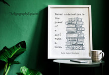 Load image into Gallery viewer, Ruth Bader Ginsburg Quote Feminist Wall Art Print “Never underestimate the power of a girl with a book.”
