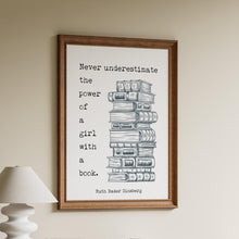 Load image into Gallery viewer, Ruth Bader Ginsburg Quote Feminist Wall Art Print “Never underestimate the power of a girl with a book.”

