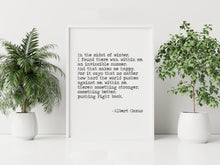 Load image into Gallery viewer, Invincible Summer Albert Camus Quote Print – “In the Midst of Winter”
