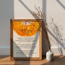 Load image into Gallery viewer, The Orange By Wendy Cope Poetry Poster Print - "I love you. I’m glad I exist" - Framed &amp; Unframed Options
