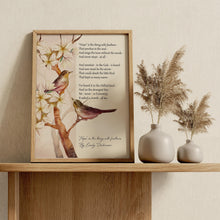 Load image into Gallery viewer, Hope is the Thing with Feathers Print – Emily Dickinson Poem – Watercolor Bird &amp; Blossom Art – Inspirational Literary Decor
