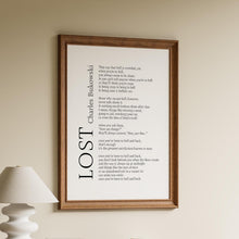 Load image into Gallery viewer, Charles Bukowski Poem Print “Lost” or "To Hell and Back" – Black and White Minimalist Literary Art
