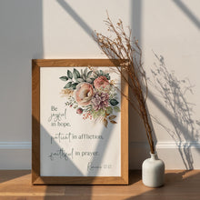 Load image into Gallery viewer, Romans 12:12 Be Joyful in Hope Bible Verse Print – Christian Floral Wall Art – Faith-Inspired Scripture Decor
