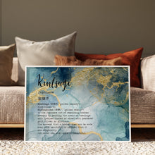 Load image into Gallery viewer, Kintsugi definition print "our scars are what make us beautiful" over a blue and gold marbled background
