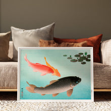 Load image into Gallery viewer, Japanese woodblock style print of three koi fish swimming beneath water lilies on a turquoise pond
