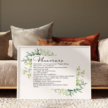 Load image into Gallery viewer, Framed Memorare prayer print to the Virgin Mary with green botanical leaf border
