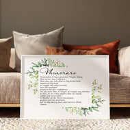 Framed Memorare prayer print to the Virgin Mary with green botanical leaf border