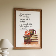 Load image into Gallery viewer, Norwegian Wood reading quote print with books, coffee cup and botanical illustration
