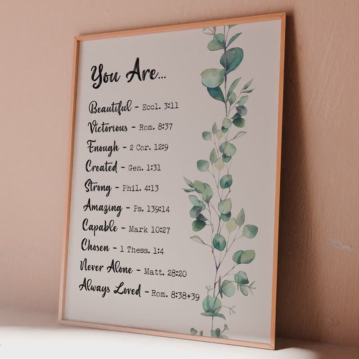 Christian Affirmation Print You Are... Beautiful, Victorious, Enough, Created, Strong, Amazing, Capable, Chosen, Never Alone, Loved