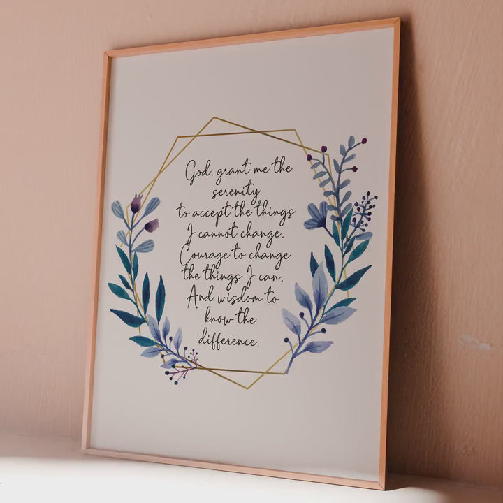 Serenity Prayer Print: Watercolor Floral Wreath, AA Sobriety Gift