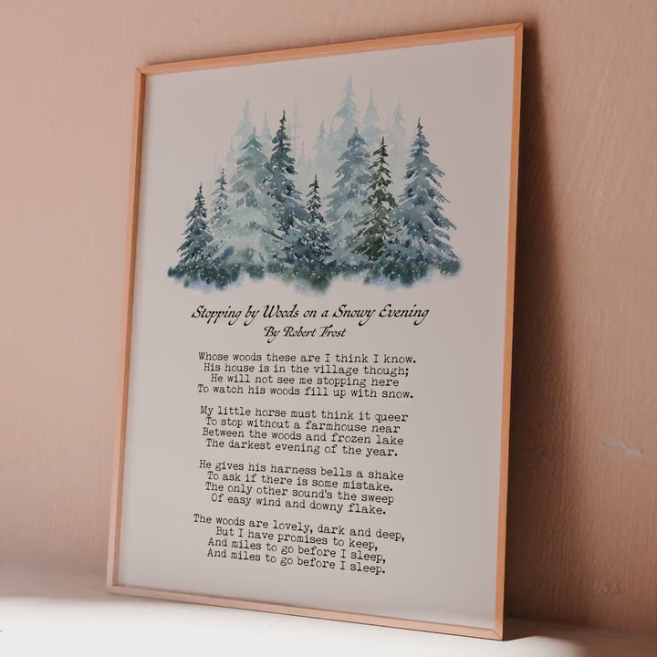 Stopping by Woods on a Snowy Evening: Robert Frost Poem Print - The woods are lovely, dark and deep - Framed & Unframed Options