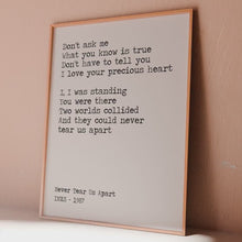 Load and play video in Gallery viewer, INXS “Never Tear Us Apart” Lyrics Print – Sentimental Gift, Romantic Song Lyric Wall Art, Black &amp; White Minimalist Music Poster

