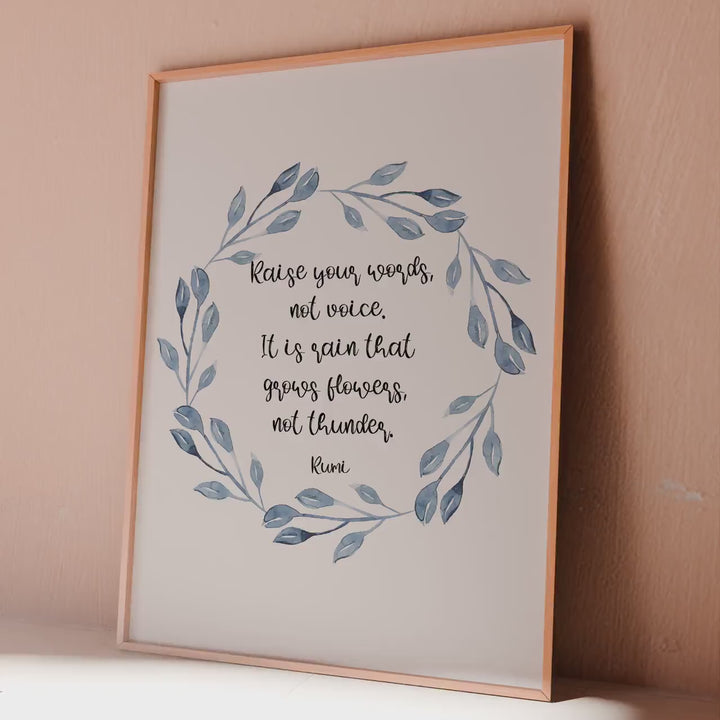 Rumi Quote Wall Art – Raise Your Words Not Voice Print, Mindful Living Gift, Inspirational Rumi Poem Decor