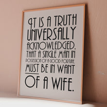 Load and play video in Gallery viewer, Jane Austen Quote Print – Pride and Prejudice Literary Wall Art &quot;It is a truth universally acknowledged...&quot;
