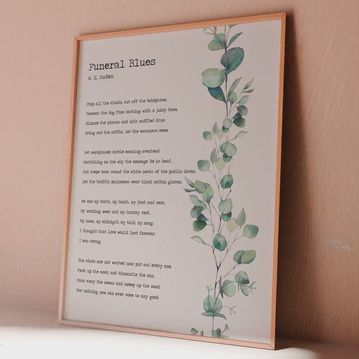 Funeral Blues Poem Print: W. H. Auden Memorial Art
