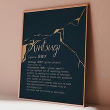 Load and play video in Gallery viewer, Kintsugi Wall Art Japanese Golden Repair Definition Print – Navy Blue and Gold Kintsukuroi Poster – Wabi Sabi Aesthetic Home Decor
