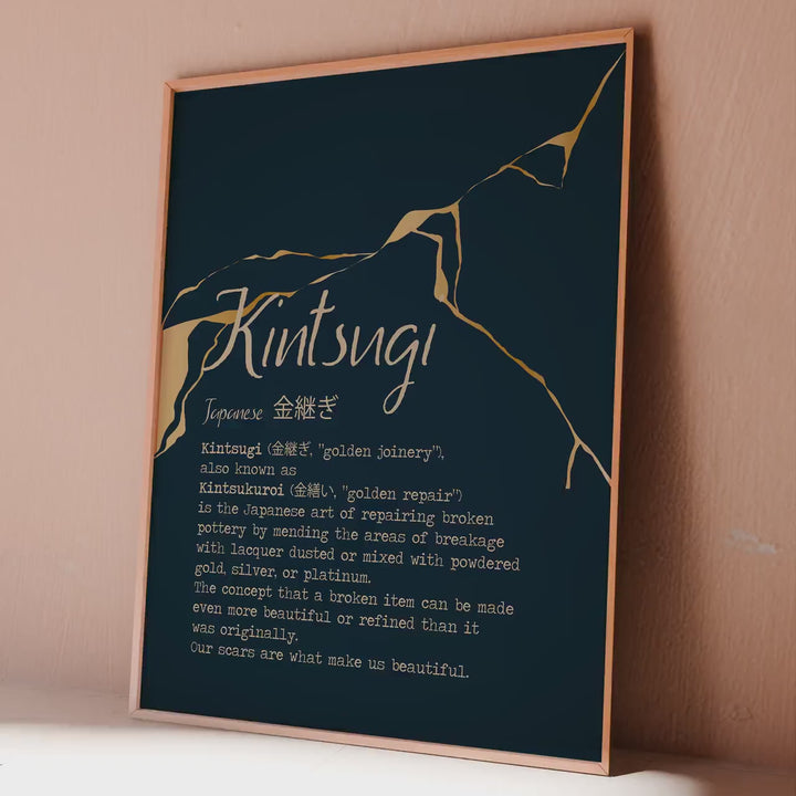 Kintsugi Wall Art Japanese Golden Repair Definition Print – Navy Blue and Gold Kintsukuroi Poster – Wabi Sabi Aesthetic Home Decor