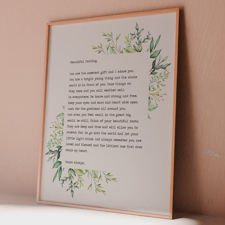Beautiful Darling Baby Letter Print – Gender Neutral Nursery Prints, Baby Shower Gift for Newborn Boy or Girl, Botanical Baby Room Decor