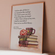 Load and play video in Gallery viewer, Jane Austen Wall Art &quot;I declare after all there is no enjoyment like reading!&quot; Pride and Prejudice Book Shelf Decor Framed &amp; Unframed
