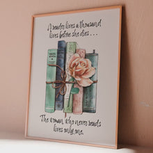 Load and play video in Gallery viewer, Book Lover Gift &quot;A reader lives a thousand lives before she dies...&quot; Bookshelf Decor

