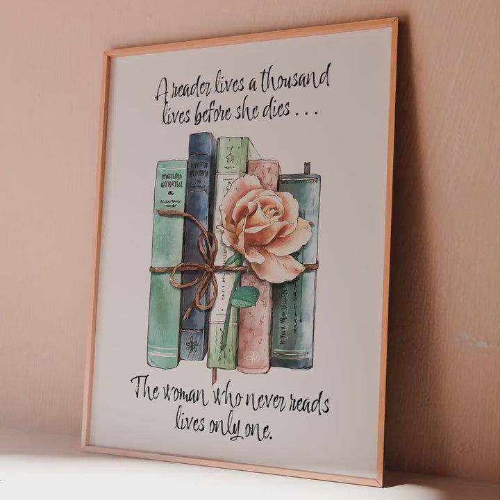 Book Lover Gift "A reader lives a thousand lives before she dies..." Bookshelf Decor