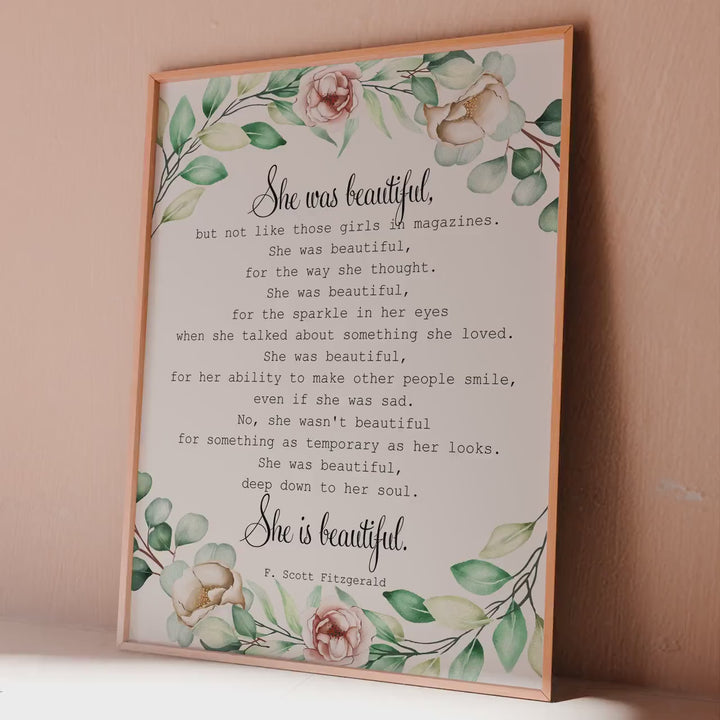 F Scott Fitzgerald Quote Print: "She was beautiful..."