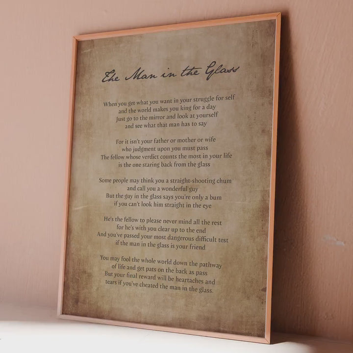 The Man in the Glass Poem Print – Dale Wimbrow Masculine wall art, Vintage Paper Effect Typography Poster, Framed or Unframed Gift