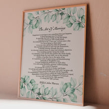 Load and play video in Gallery viewer, The Art of Marriage Poem Print – Wilferd Arlan Peterson Wedding Reading – Eucalyptus Wall Art for Wedding or Anniversary Gift
