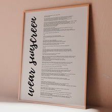 Load and play video in Gallery viewer, Wear Sunscreen Lyrics Print: Baz Luhrmann Sunscreen Poster
