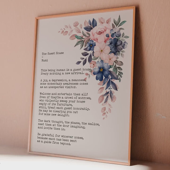 Rumi Quote Art Print: The Guest House Poem, Floral Decor