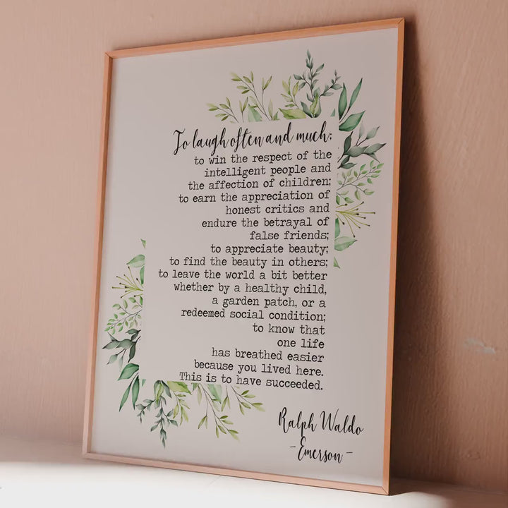 Emerson To Laugh Often and Much Ralph Waldo Emerson Quote - This is to have succeeded -  Print for library - Framed And Unframed Options