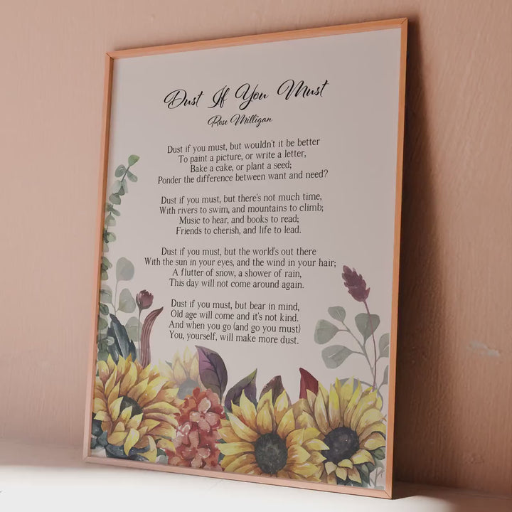 Dust If You Must Poem Print: Watercolor Sunflowers, Mom Gift