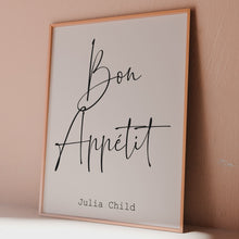 Load and play video in Gallery viewer, Bon Appétit Print Julia Child Quote French Kitchen Wall Art
