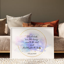Load image into Gallery viewer, Framed Proverbs 16:24 scripture print "kind words are like honey" with a purple watercolour background and gold circle
