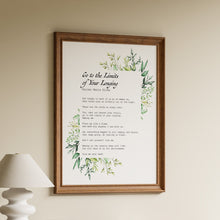 Load image into Gallery viewer, Framed "Go to the Limits of Your Longing" poem print by Rainer Maria Rilke with green botanical corners
