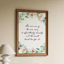Load image into Gallery viewer, Framed quote print "she was one of the rare ones, so effortlessly herself" with a pink and cream floral wreath
