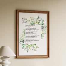 Load image into Gallery viewer, Soul of Christ Anima Christi prayer in soft black lettering framed by delicate green watercolor leaves on a white background
